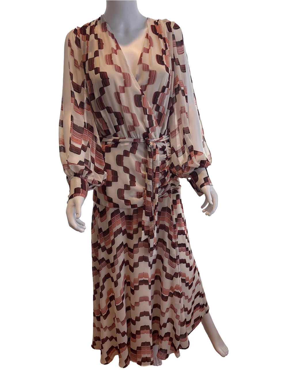 White House Black Market Cream and Brown Geometric Wrap Dress